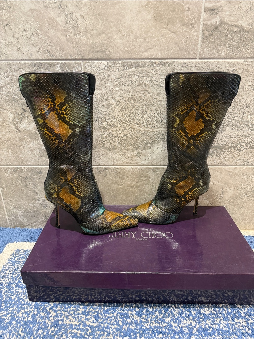 Rare Jimmy Choo Archival Python Leather Knee-High Boots w/ Box and COA